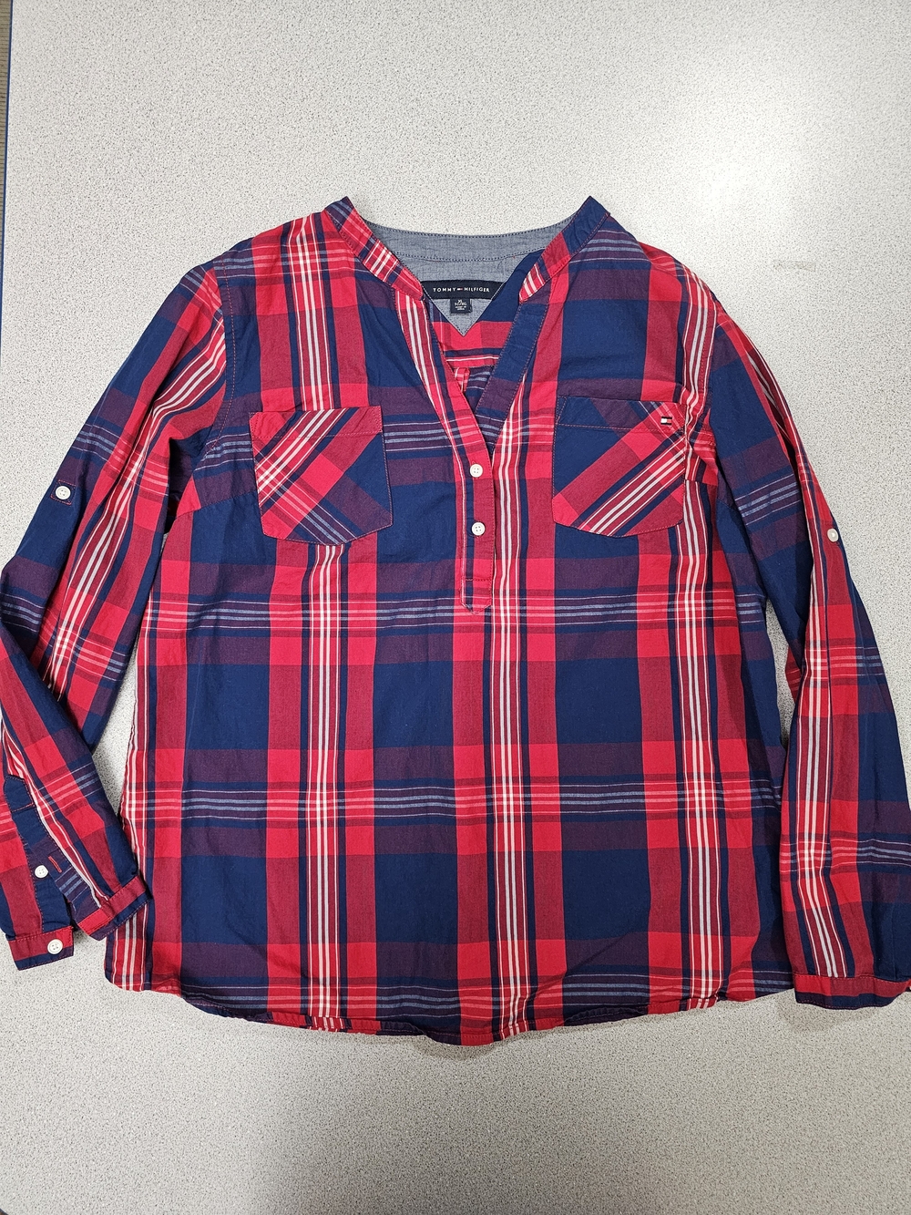 Tommy Hilfiger Red and Navy Plaid Button-Down Shirt